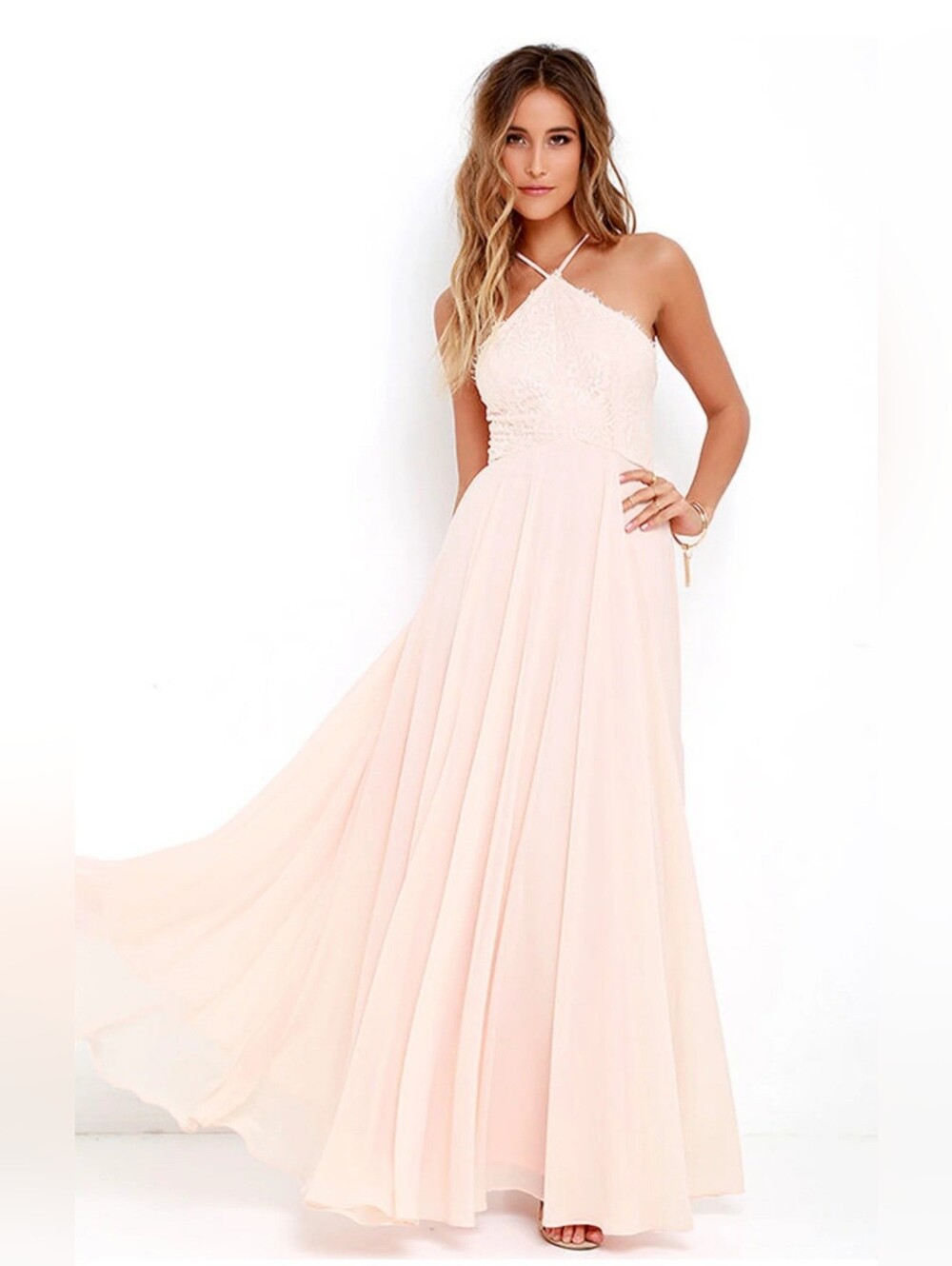 Lulu's Pale Peachish-pink Lace Halter Maxi Dress Size M!